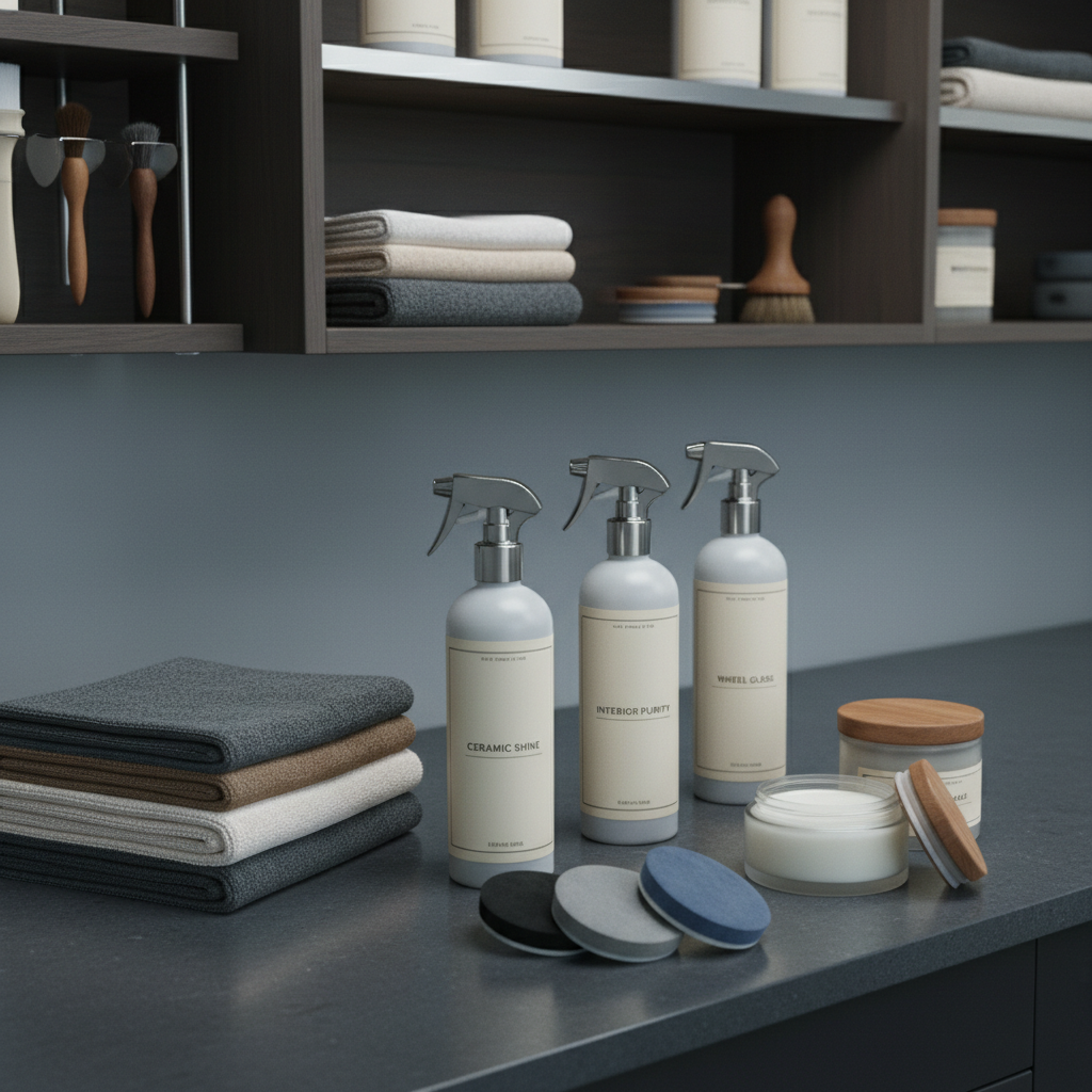 A set of high-end, meticulously arranged auto detailing products including spray bottles, microfiber towels, applicator pads, and wax containers, placed on a smooth, dark workbench. Each item looks new, with subtle branding and no visible wear, their neutral tones and clean labeling contributing to the organized setting. The background features a tidy wall-mounted shelving unit with additional supplies, maintaining a sense of order and professionalism. Cool, indirect lighting casts soft highlights and delicate shadows, illuminating the textures of microfiber and the subtle sheen of plastic containers. The composition employs a slightly elevated angle with elements arranged according to the rule of thirds. The mood is calm, precise, and methodical, with photographic realism reinforcing the shop’s commitment to high quality detailing and care.