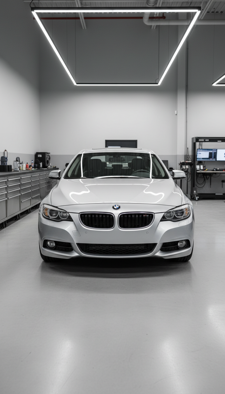 An immaculately clean, silver sedan with a flawless, mirror-like finish occupies the center of a pristine automotive repair bay, its hood closed and every surface gleaming. The workshop boasts clean lines and a balanced, structured layout, with neutral-toned walls and polished concrete floors. Tool cabinets with brushed metal finishes are neatly aligned along the side, and a computer diagnostic station sits tidily in the background. Overhead, bright but diffused LED lighting washes the scene in an even, shadowless glow, highlighting the car’s contours and subtle metallic paint reflections. The mood is sleek, professional, and reassuring, embodying reliability and high standards. Photographed head-on at an eye-level perspective with sharp focus throughout, the composition underscores the corporate, modern aesthetic, perfectly supporting the image of a trustworthy auto repair business.