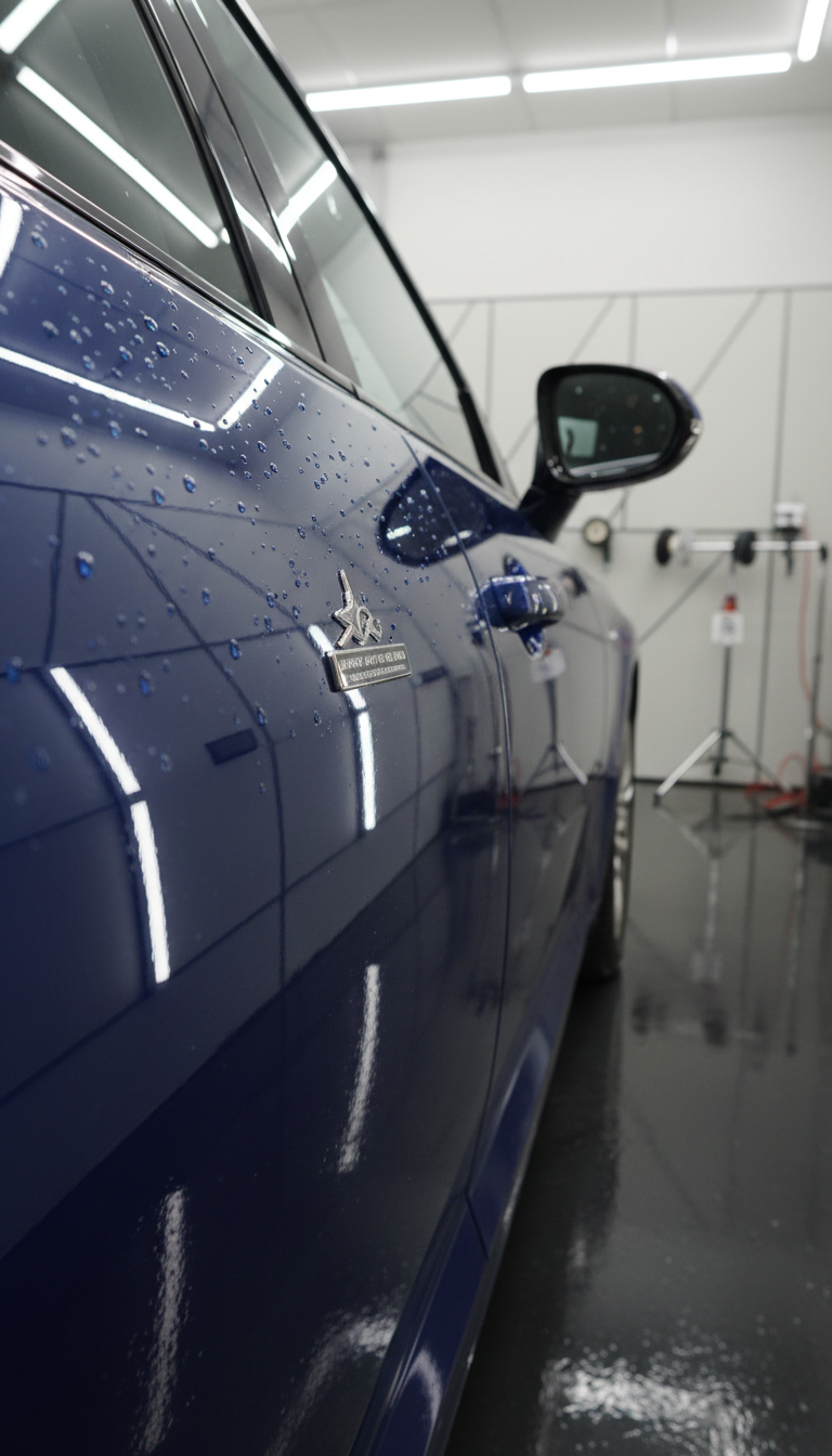 A close-up shot of a glossy, deep-blue car door reflecting the structured interior of a detailing bay, showing the razor-sharp, swirl-free surface with water droplets beading perfectly across the paint. The setting is a spotless workspace with neutral tones—light grey walls, smooth dark flooring, and chrome detailing equipment visible in soft focus in the background. Overhead, balanced white LED panel lights create crisp, even illumination, enhancing the reflective qualities of the vehicle’s surface without harsh glare. The mood is modern and meticulously professional, with an emphasis on artistry in automotive care. Captured at a low-angle, off-center composition with shallow depth of field, the image conveys Johnny’s dedication to perfection in both repair and detailing services.