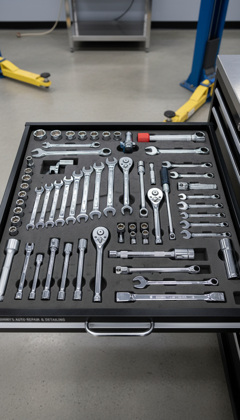 A pristine, highly organized mechanic’s tool drawer, opened to reveal a comprehensive set of chrome wrenches, sockets, and specialized automotive tools all nestled in custom-cut foam inserts. Each tool is spotless and perfectly aligned, their metallic surfaces gleaming against the matte black interior of the drawer. The background shows a sleek, neutral-toned shop with minimal visual clutter. Soft, overhead LED lighting produces gentle highlights on the chrome and subtle, controlled shadows in the drawer crevices. The mood is confident and methodical, portraying a highly professional environment. Photographed from a directly overhead angle with sharp focus, the composition is symmetrical and structured, reinforcing the reliability and professionalism of Johnny’s Auto Repair & Detailing.