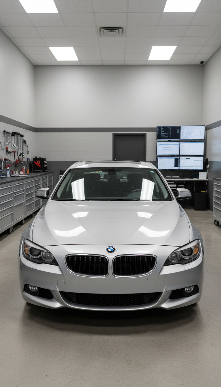 An immaculately clean, silver sedan with a flawless, mirror-like finish occupies the center of a pristine automotive repair bay, its hood closed and every surface gleaming. The workshop boasts clean lines and a balanced, structured layout, with neutral-toned walls and polished concrete floors. Tool cabinets with brushed metal finishes are neatly aligned along the side, and a computer diagnostic station sits tidily in the background. Overhead, bright but diffused LED lighting washes the scene in an even, shadowless glow, highlighting the car’s contours and subtle metallic paint reflections. The mood is sleek, professional, and reassuring, embodying reliability and high standards. Photographed head-on at an eye-level perspective with sharp focus throughout, the composition underscores the corporate, modern aesthetic, perfectly supporting the image of a trustworthy auto repair business.